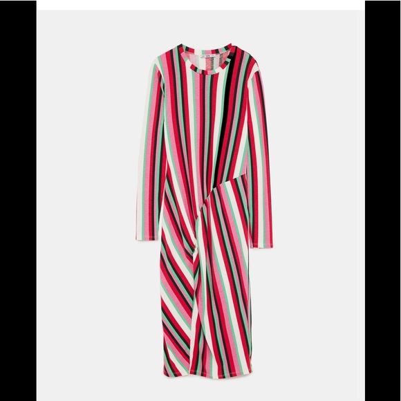 Zara Gathered Striped Ribbed midi dress pink green - Picture 2 of 8